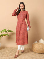 FIORRA Women's Floral Printed Red Cotton A-Line Kurta | Grocsy
