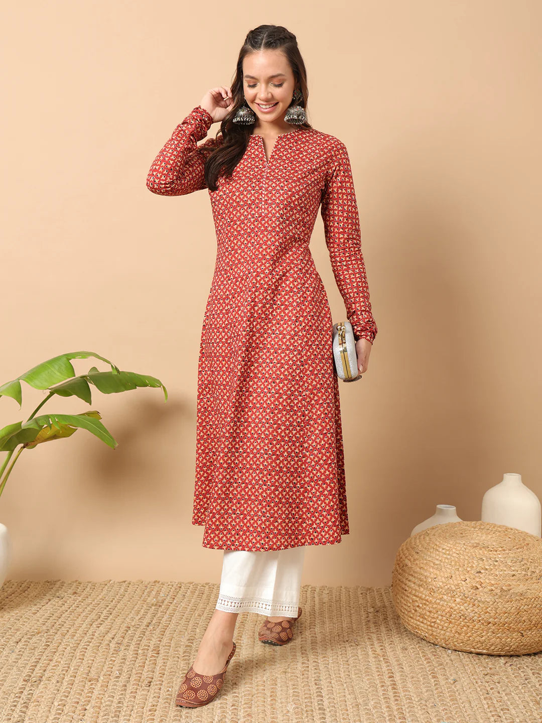 FIORRA Women's Floral Printed Red Cotton A-Line Kurta | Grocsy