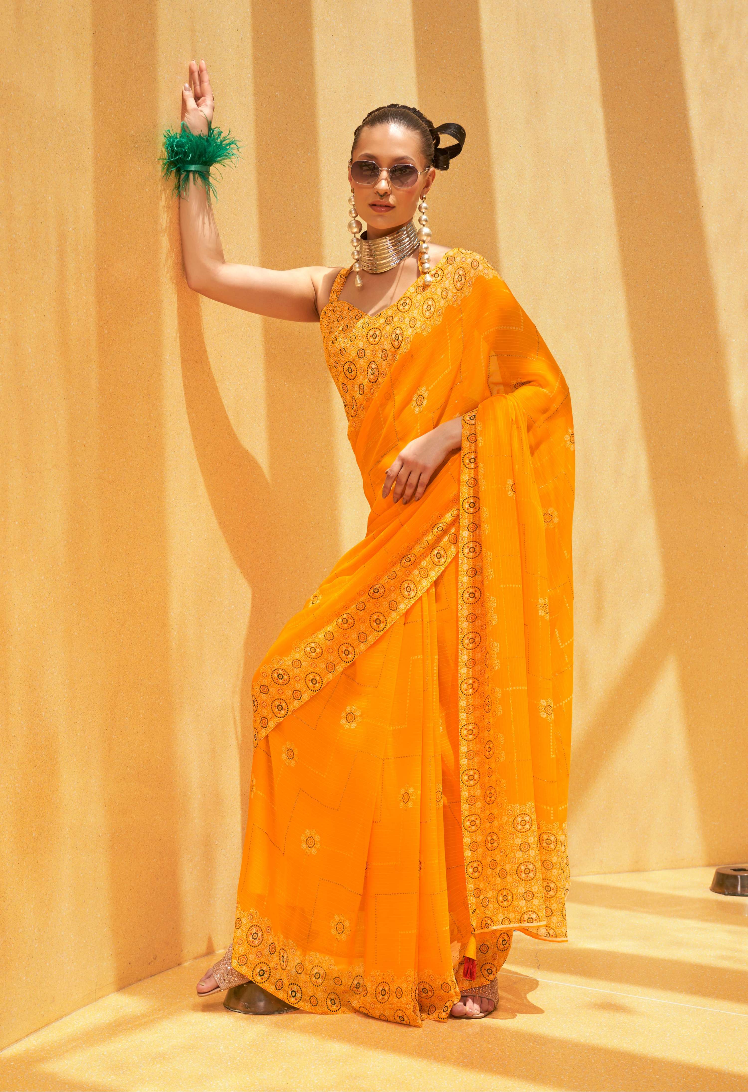 Monjolika Fashion Georgette Yellow Printed Trendy Saree | Grocsy