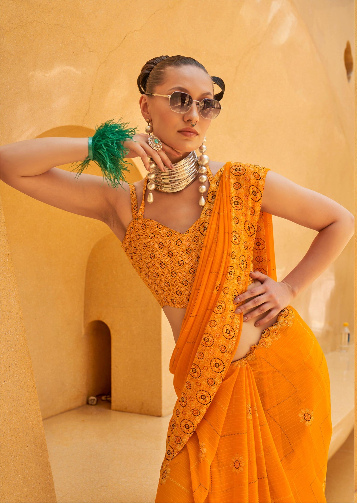 Monjolika Fashion Georgette Yellow Printed Trendy Saree | Grocsy