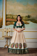 Lorenvalley Fashion Cream and Green Dola Silk Kalamkari Print With Zari Weaving Broder Gown with Koti | Grocsy