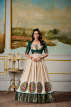 Lorenvalley Fashion Cream and Green Dola Silk Kalamkari Print With Zari Weaving Broder Gown with Koti | Grocsy