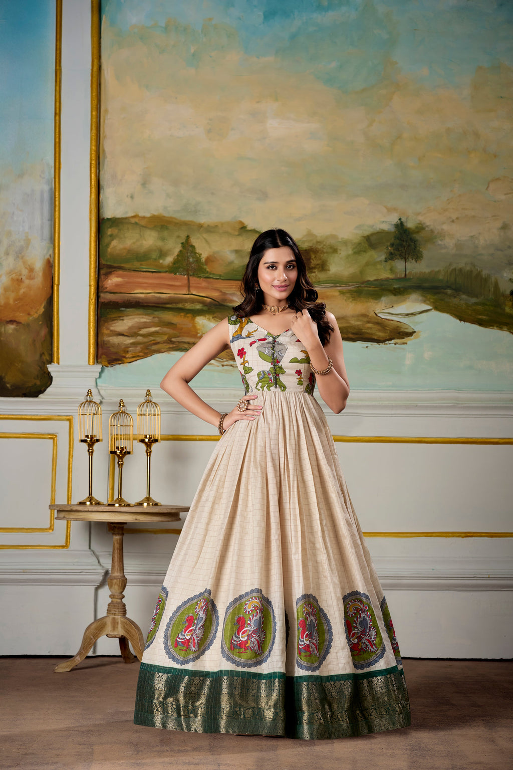 Lorenvalley Fashion Cream and Green Dola Silk Kalamkari Print With Zari Weaving Broder Gown with Koti | Grocsy