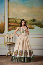 Lorenvalley Fashion Cream and Green Dola Silk Kalamkari Print With Zari Weaving Broder Gown with Koti | Grocsy