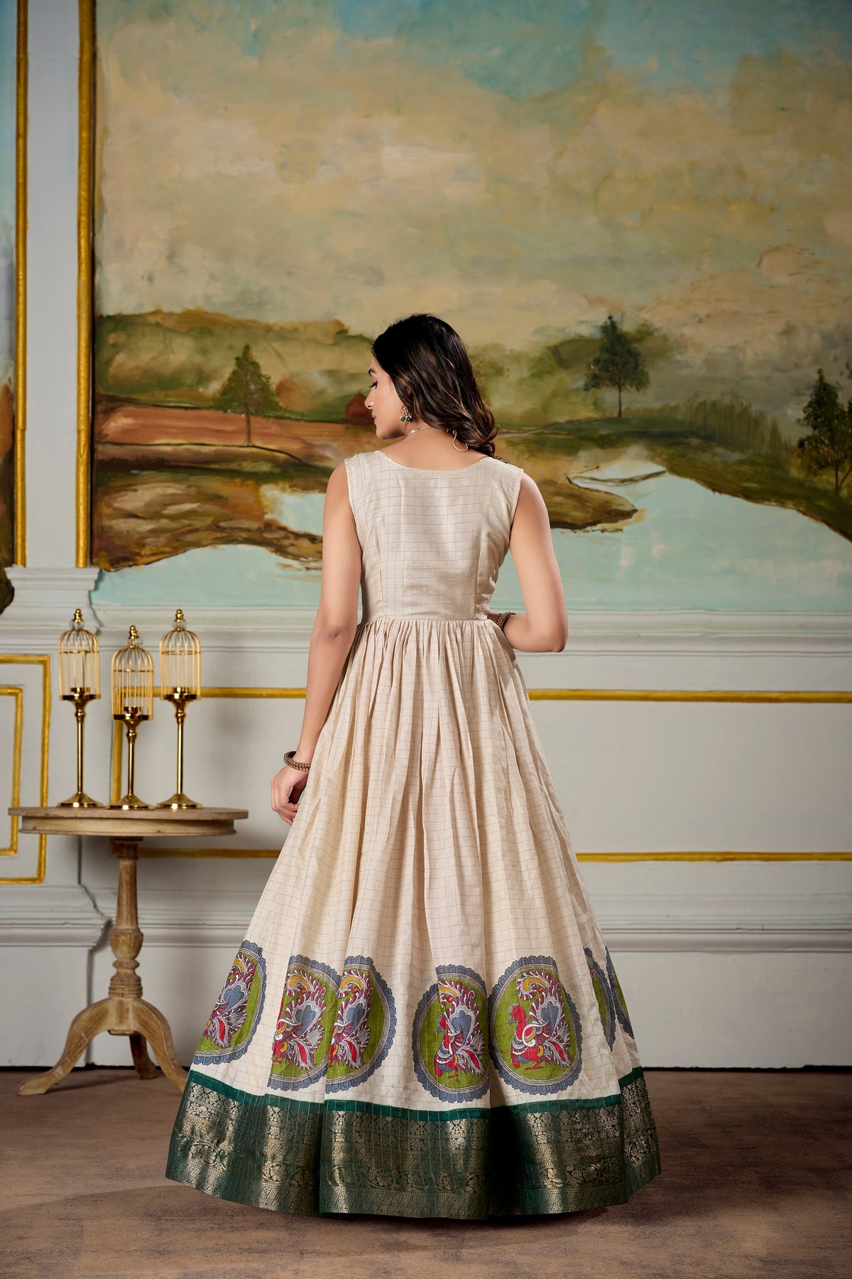 Lorenvalley Fashion Cream and Green Dola Silk Kalamkari Print With Zari Weaving Broder Gown with Koti | Grocsy