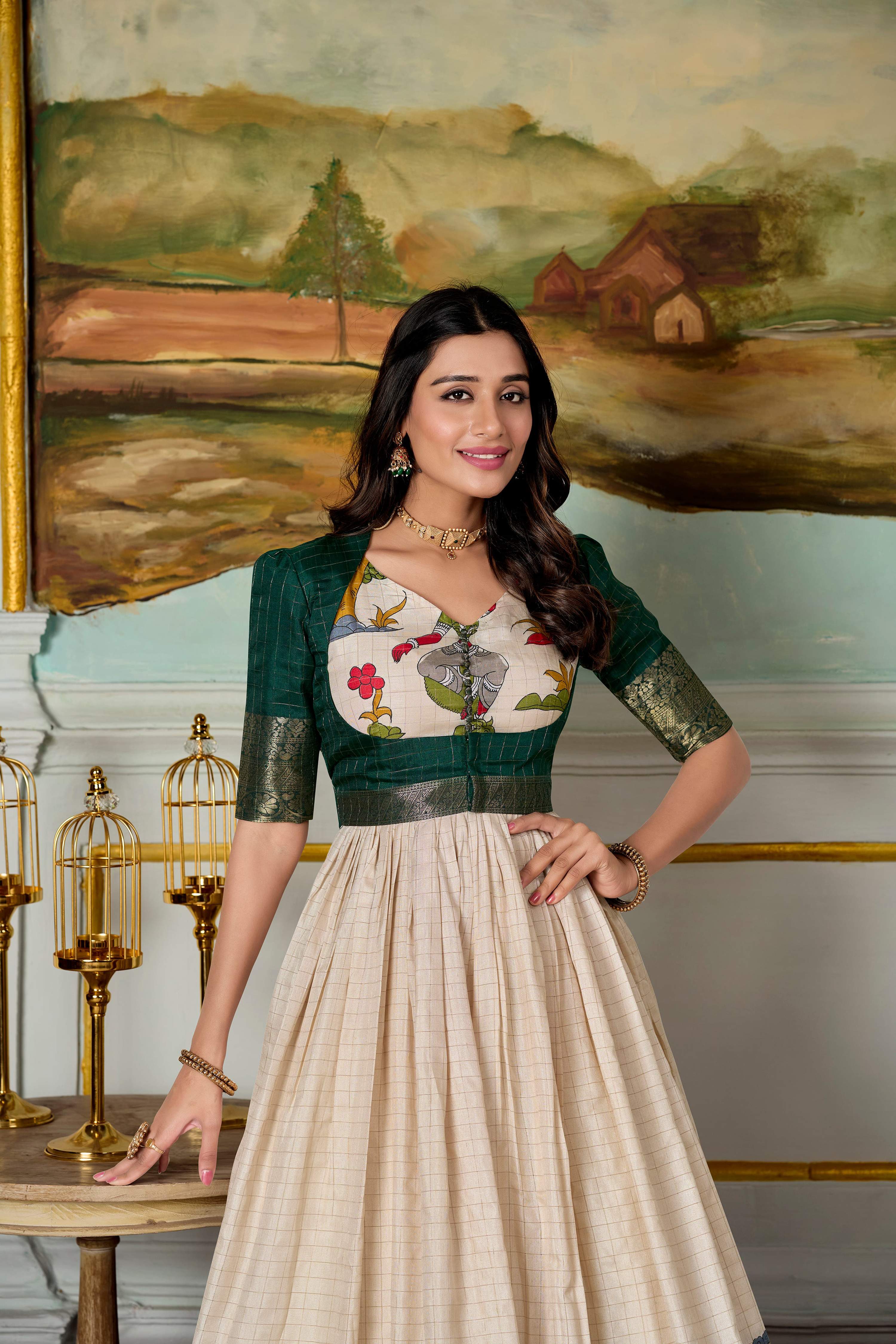 Lorenvalley Fashion Cream and Green Dola Silk Kalamkari Print With Zari Weaving Broder Gown with Koti | Grocsy