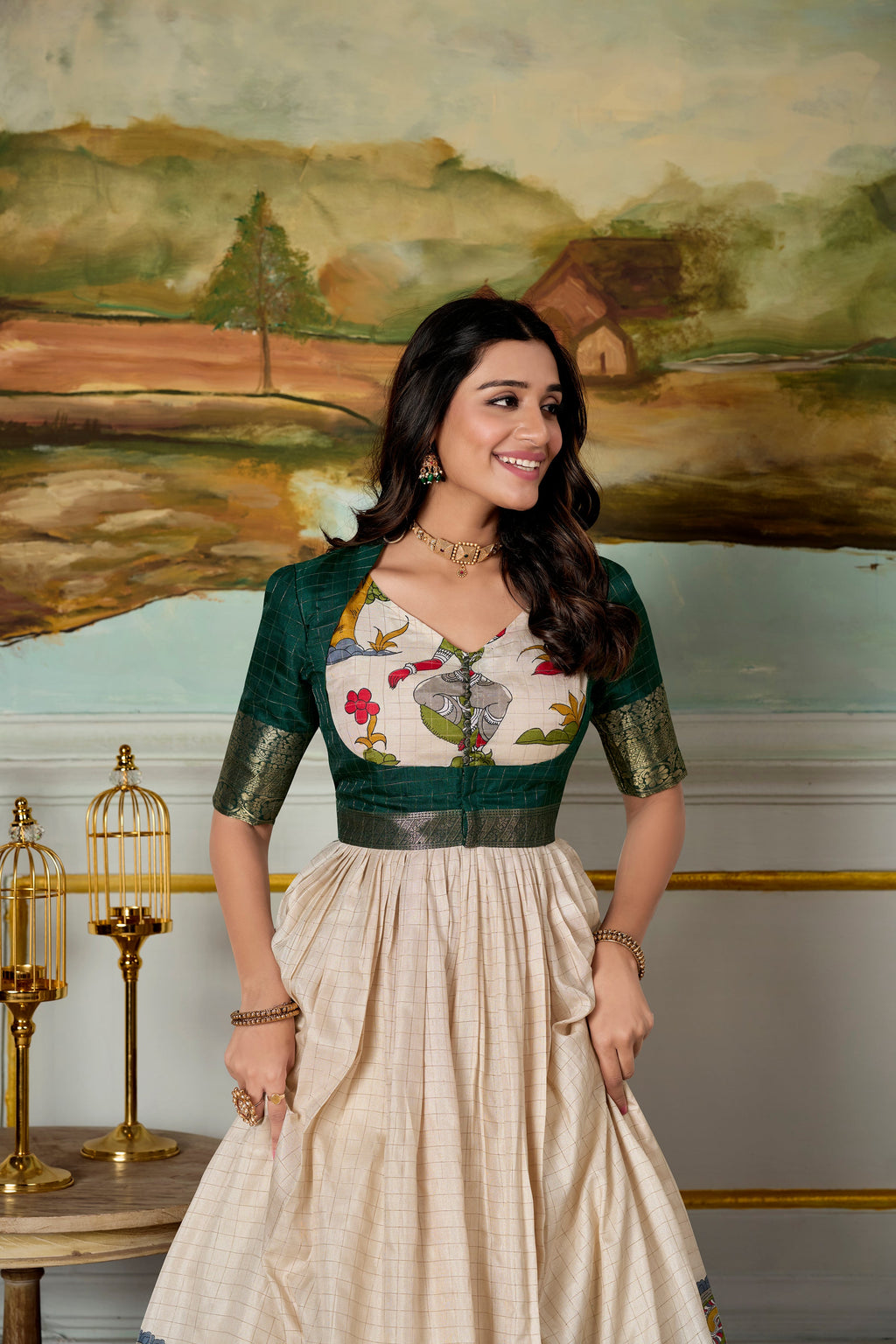 Lorenvalley Fashion Cream and Green Dola Silk Kalamkari Print With Zari Weaving Broder Gown with Koti | Grocsy