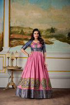 Lorenvalley Fashion Pink and Grey Dola Silk Kalamkari Print With Zari Weaving Broder Gown with Koti | Grocsy