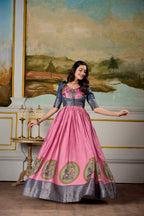 Lorenvalley Fashion Pink and Grey Dola Silk Kalamkari Print With Zari Weaving Broder Gown with Koti | Grocsy