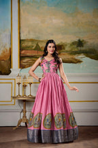 Lorenvalley Fashion Pink and Grey Dola Silk Kalamkari Print With Zari Weaving Broder Gown with Koti | Grocsy