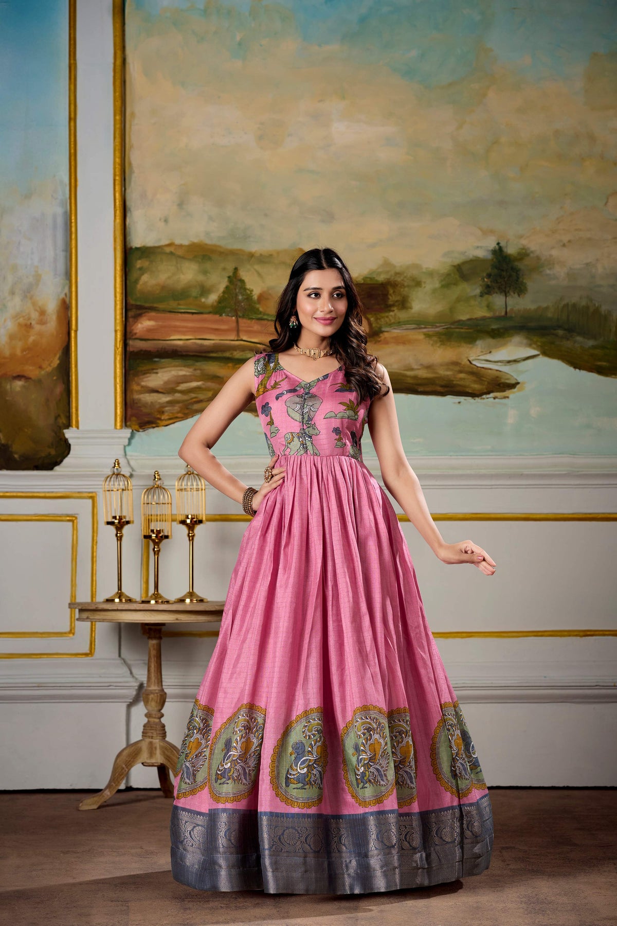 Lorenvalley Fashion Pink and Grey Dola Silk Kalamkari Print With Zari Weaving Broder Gown with Koti | Grocsy
