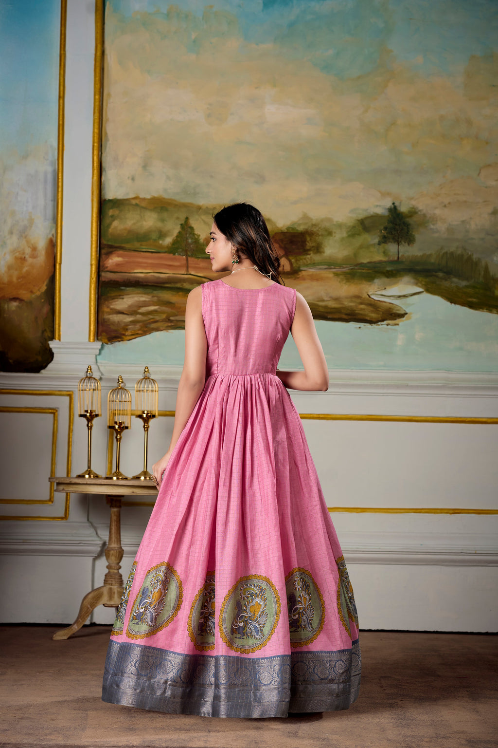 Lorenvalley Fashion Pink and Grey Dola Silk Kalamkari Print With Zari Weaving Broder Gown with Koti | Grocsy
