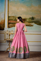 Lorenvalley Fashion Pink and Grey Dola Silk Kalamkari Print With Zari Weaving Broder Gown with Koti | Grocsy