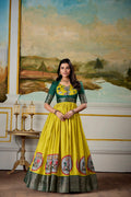 Lorenvalley Fashion Parrot and Green Dola Silk Kalamkari Print With Zari Weaving Broder Gown with Koti | Grocsy