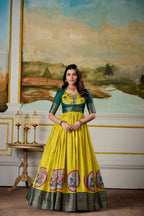 Lorenvalley Fashion Parrot and Green Dola Silk Kalamkari Print With Zari Weaving Broder Gown with Koti | Grocsy