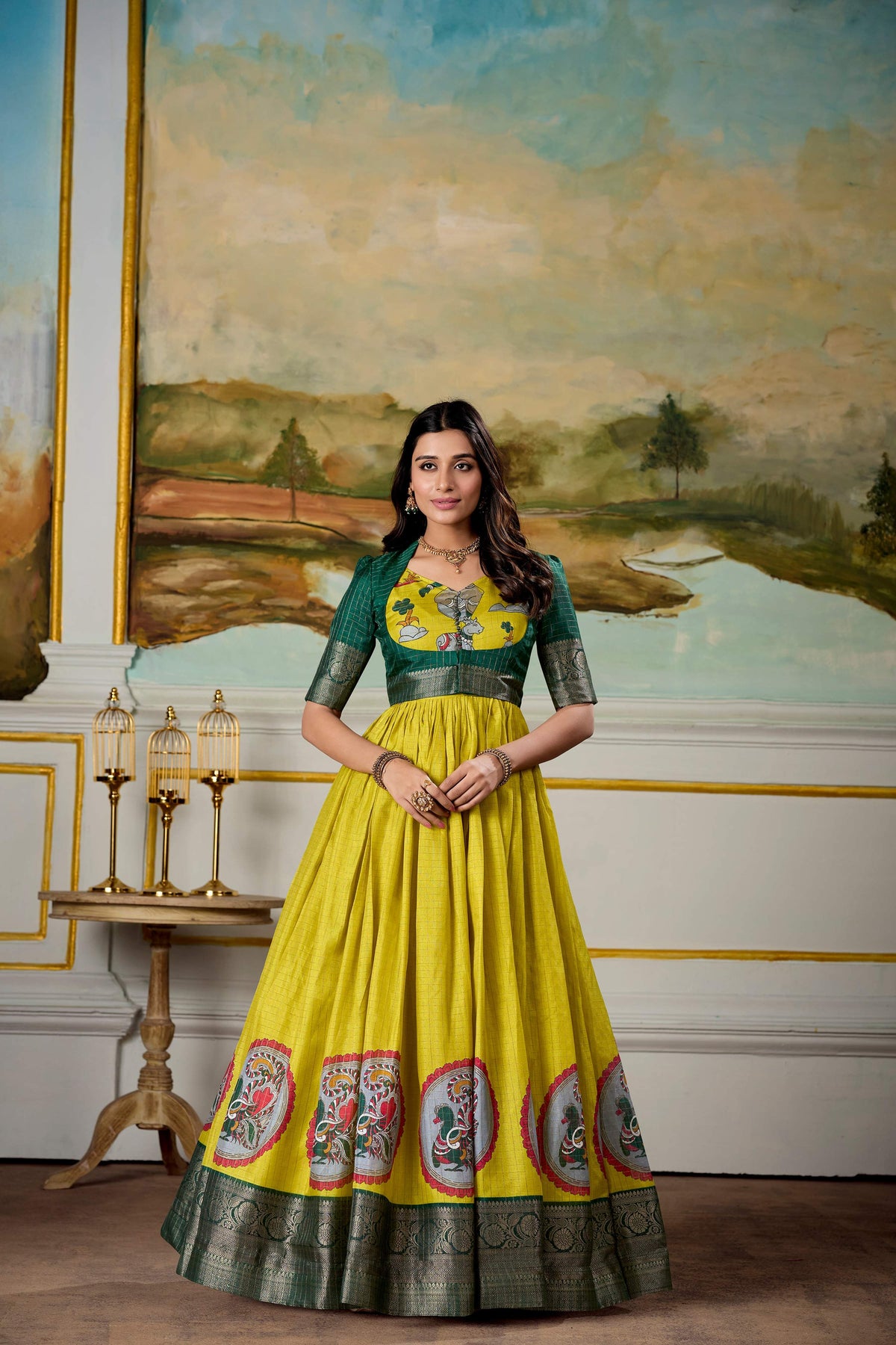 Lorenvalley Fashion Parrot and Green Dola Silk Kalamkari Print With Zari Weaving Broder Gown with Koti | Grocsy