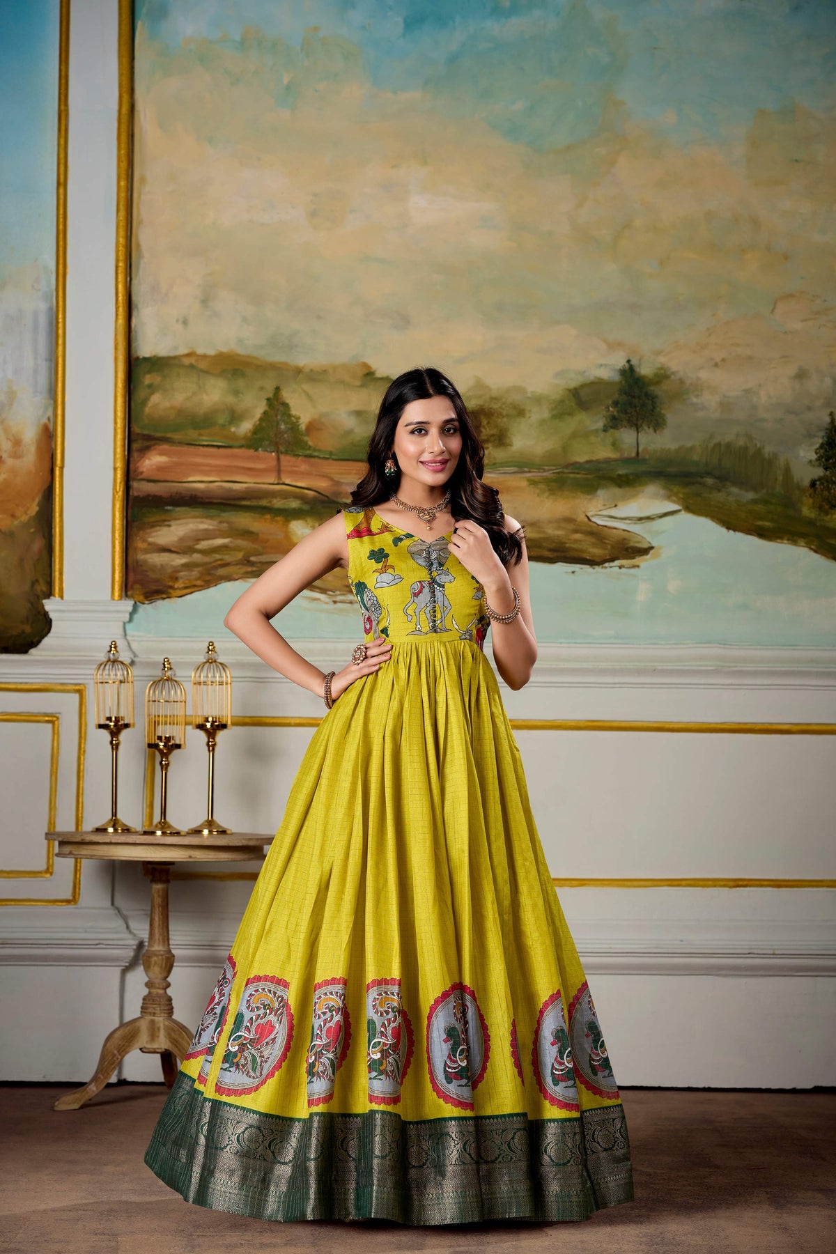 Lorenvalley Fashion Parrot and Green Dola Silk Kalamkari Print With Zari Weaving Broder Gown with Koti | Grocsy