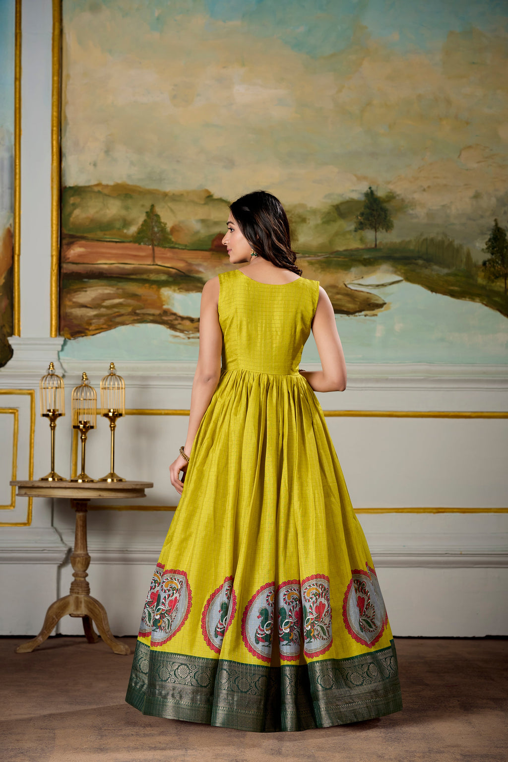 Lorenvalley Fashion Parrot and Green Dola Silk Kalamkari Print With Zari Weaving Broder Gown with Koti | Grocsy