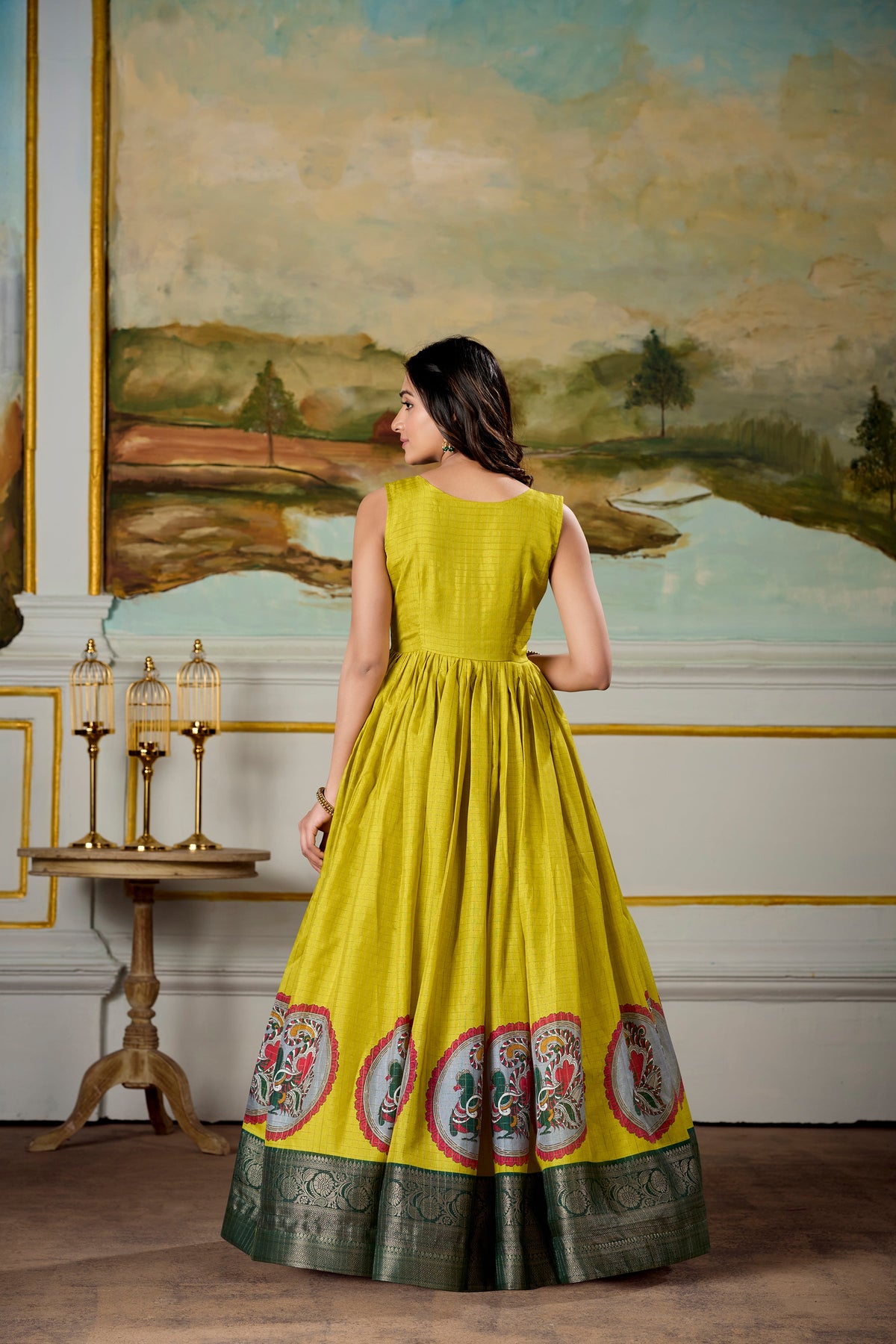 Lorenvalley Fashion Parrot and Green Dola Silk Kalamkari Print With Zari Weaving Broder Gown with Koti | Grocsy