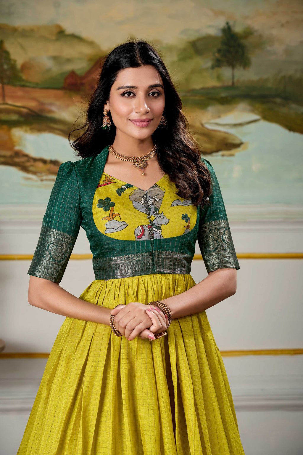 Lorenvalley Fashion Parrot and Green Dola Silk Kalamkari Print With Zari Weaving Broder Gown with Koti | Grocsy