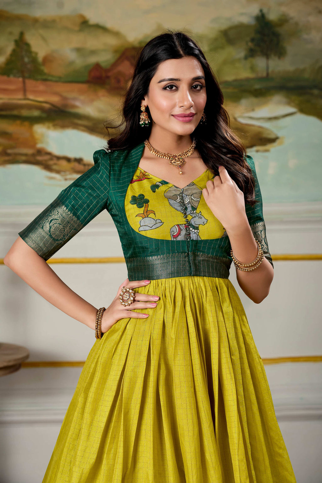 Lorenvalley Fashion Parrot and Green Dola Silk Kalamkari Print With Zari Weaving Broder Gown with Koti | Grocsy