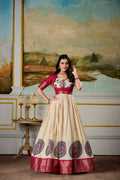 Lorenvalley Fashion Cream and Red Dola Silk Kalamkari Print With Zari Weaving Broder Gown with Koti | Grocsy