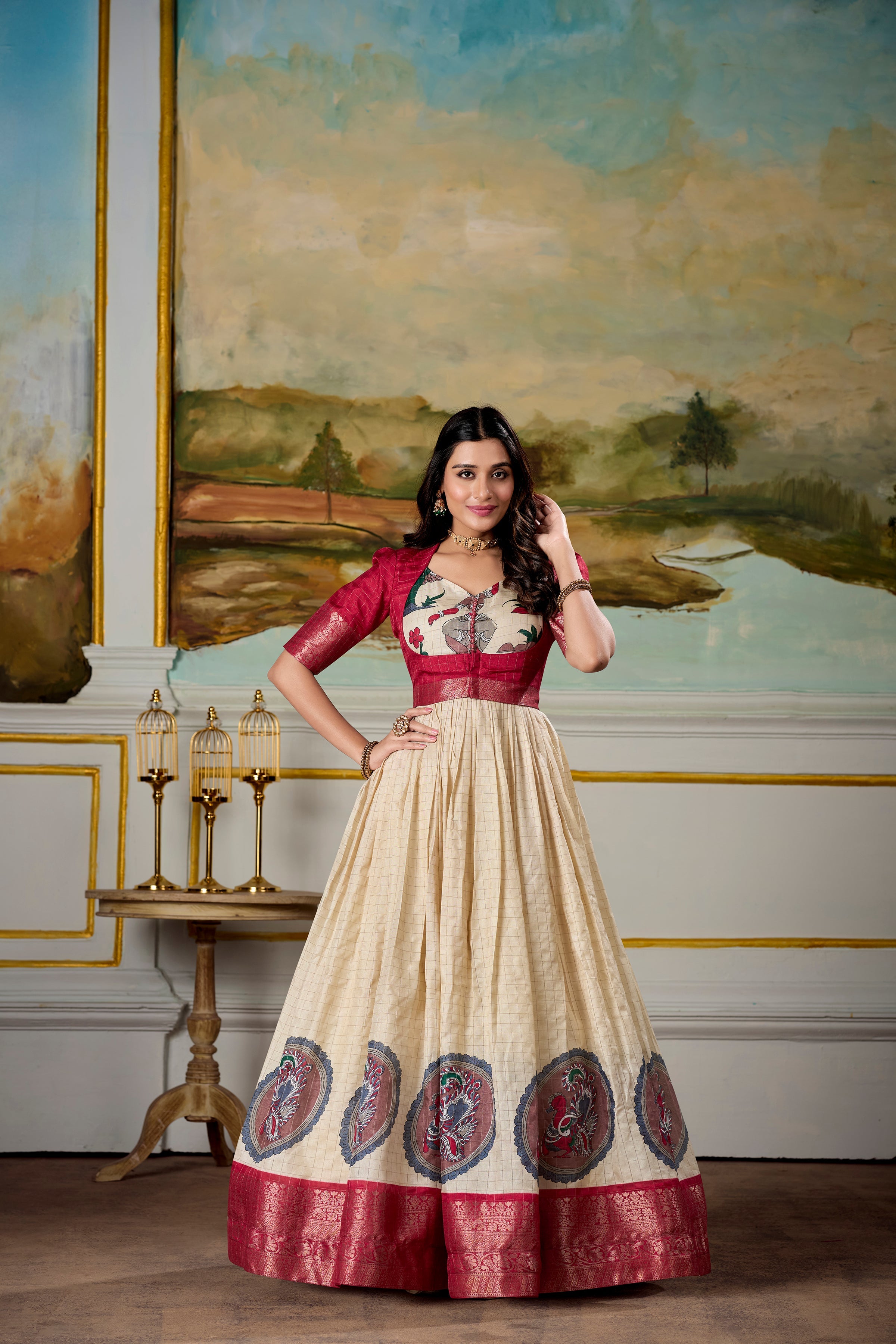 Lorenvalley Fashion Cream and Red Dola Silk Kalamkari Print With Zari Weaving Broder Gown with Koti | Grocsy