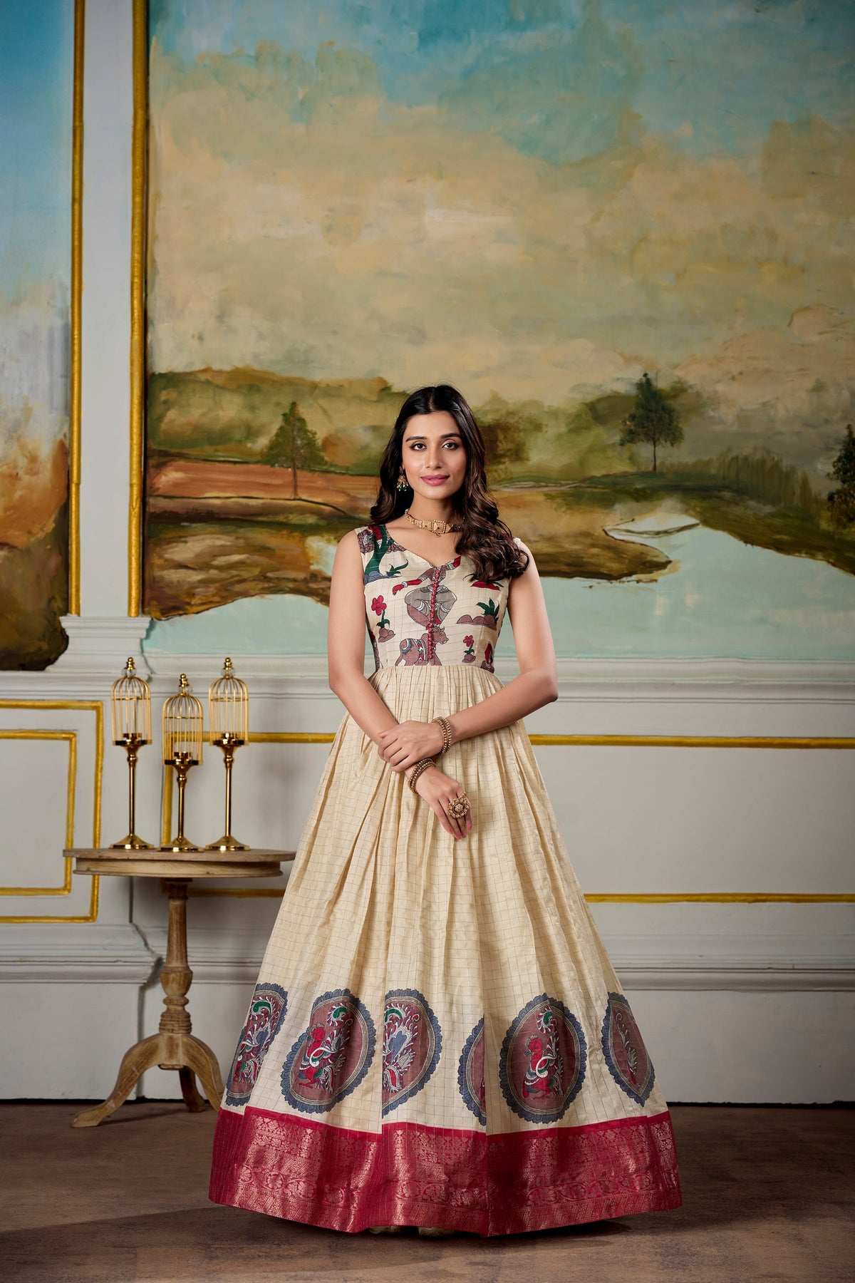 Lorenvalley Fashion Cream and Red Dola Silk Kalamkari Print With Zari Weaving Broder Gown with Koti | Grocsy