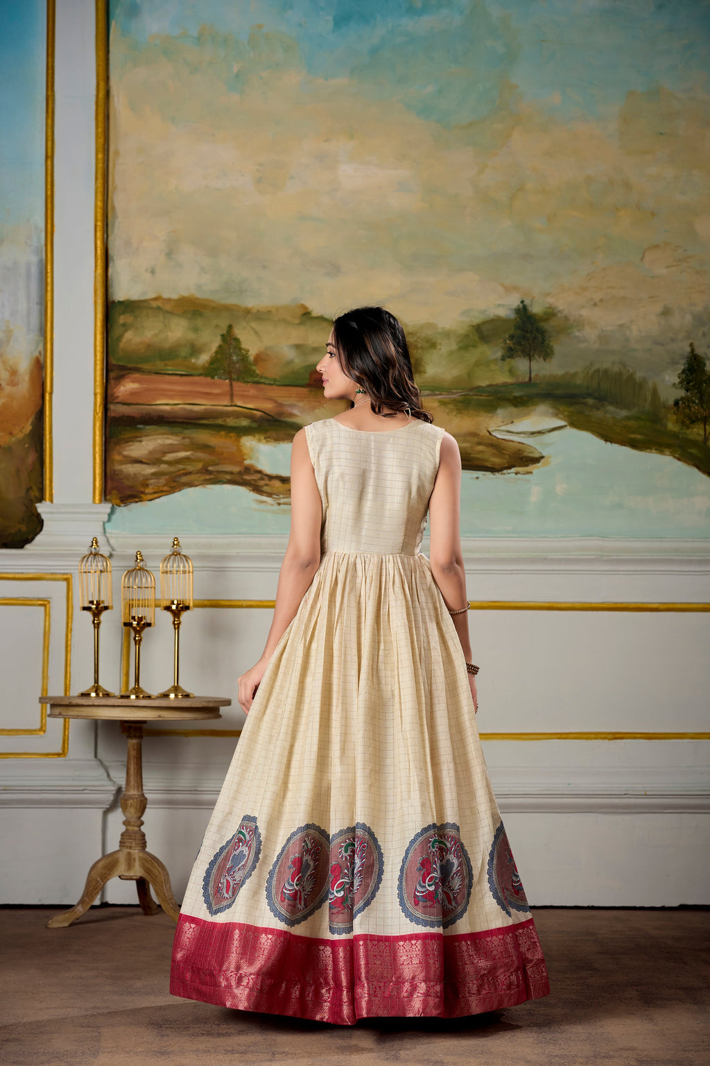 Lorenvalley Fashion Cream and Red Dola Silk Kalamkari Print With Zari Weaving Broder Gown with Koti | Grocsy