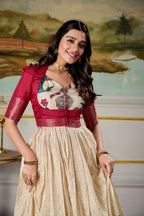 Lorenvalley Fashion Cream and Red Dola Silk Kalamkari Print With Zari Weaving Broder Gown with Koti | Grocsy