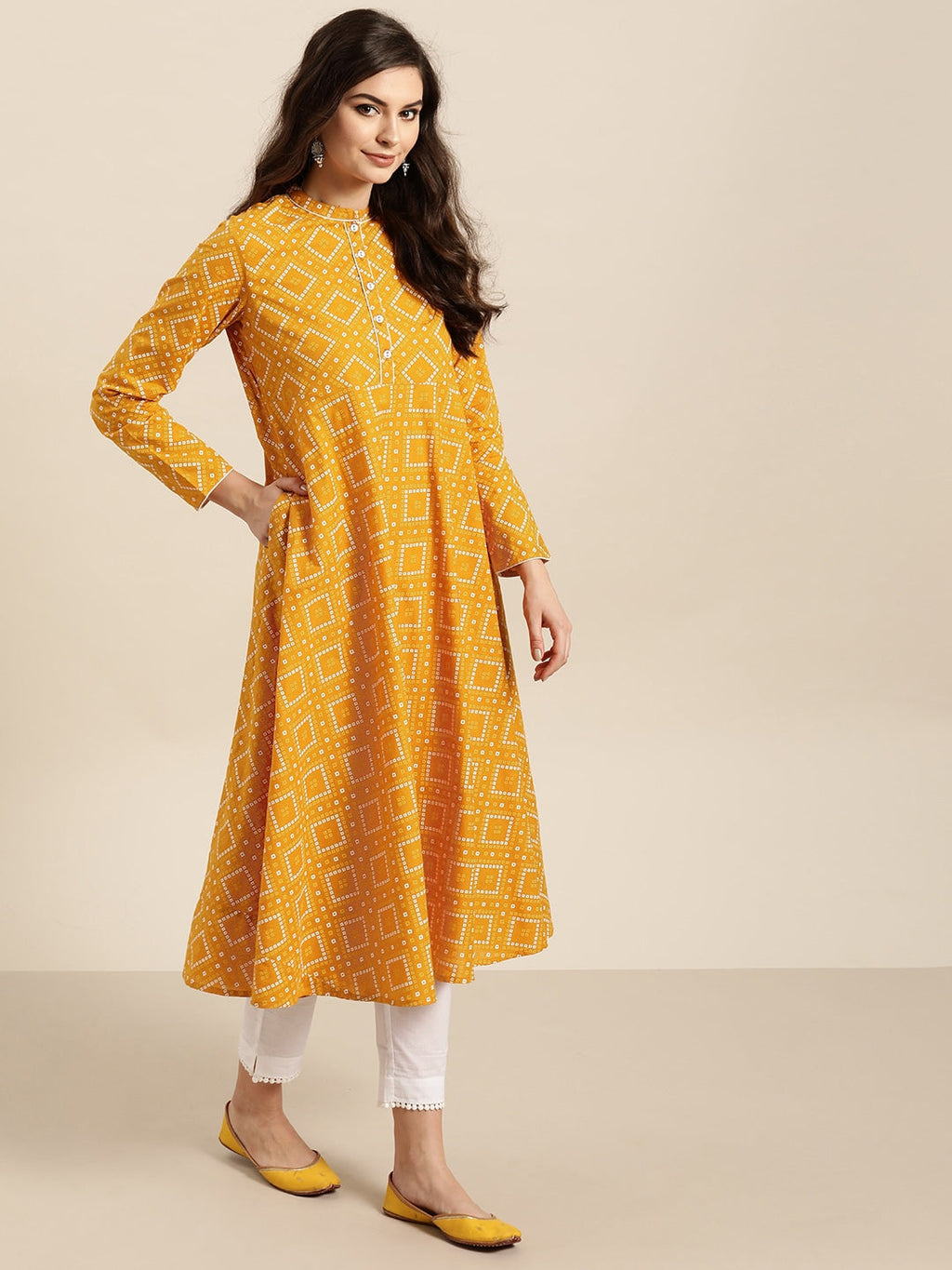 Sangria Women Mustard Yellow & Red Printed A-Line Kurta | Grocsy