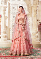 Monjolika Fashion Peach Net Thread Embroidery And Dimond Work Lehenga Choli | Grocsy