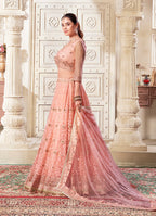 Monjolika Fashion Peach Net Thread Embroidery And Dimond Work Lehenga Choli | Grocsy