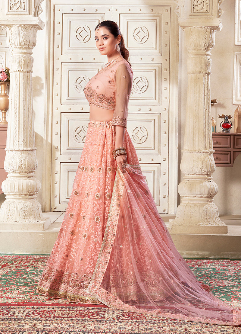 Monjolika Fashion Peach Net Thread Embroidery And Dimond Work Lehenga Choli | Grocsy