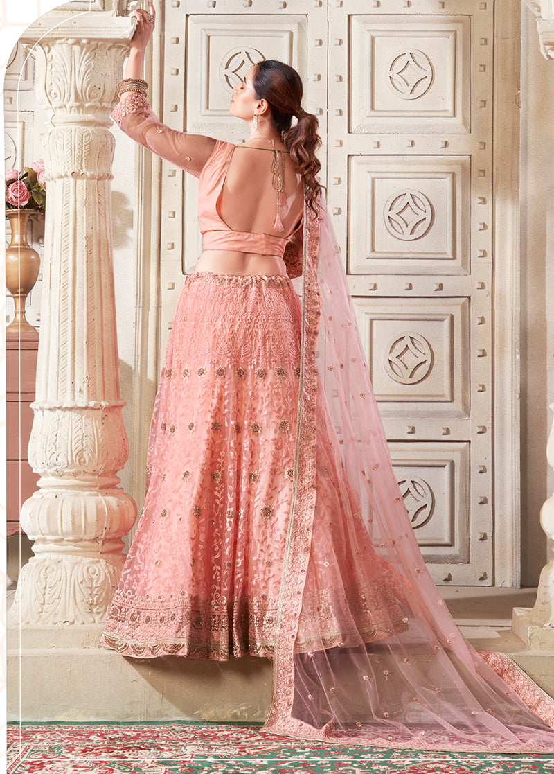 Monjolika Fashion Peach Net Thread Embroidery And Dimond Work Lehenga Choli | Grocsy