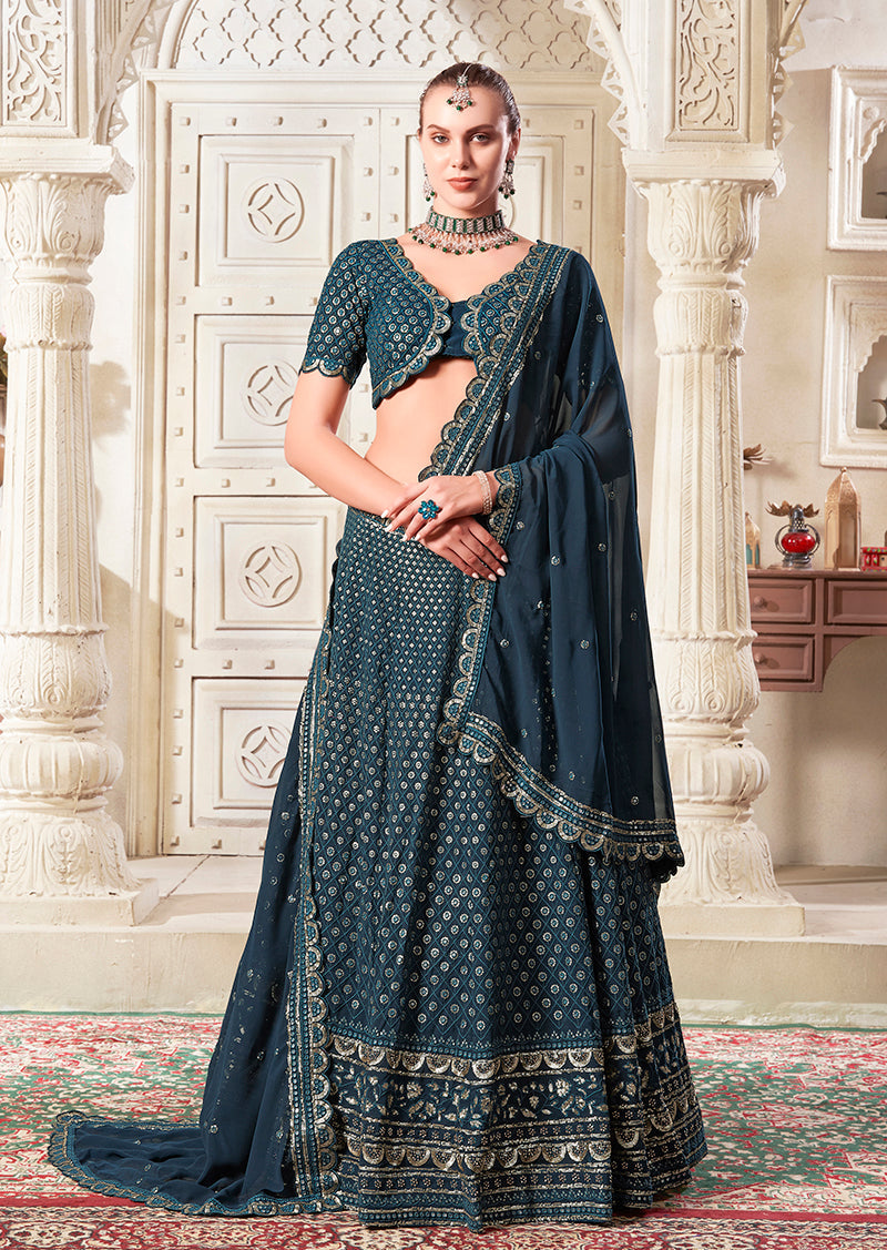 Monjolika Fashion Dark Teal Embroidered And SequinsWork Georgette Designer Lehenga Choli | Grocsy