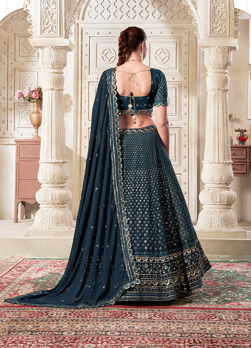 Monjolika Fashion Dark Teal Embroidered And SequinsWork Georgette Designer Lehenga Choli | Grocsy