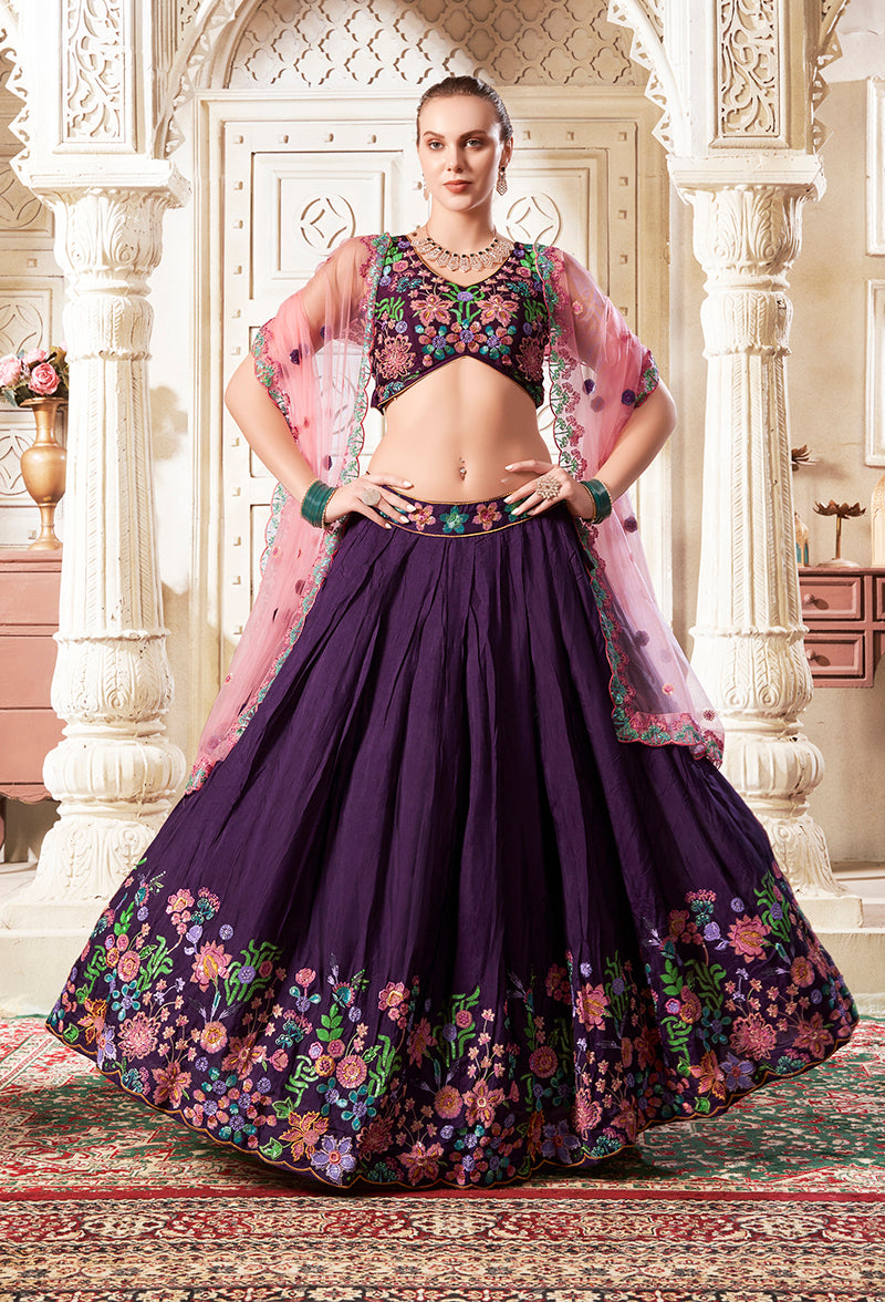 Monjolika Fashion Embroidered Silk Purple Trendy Lehenga Choli | Grocsy