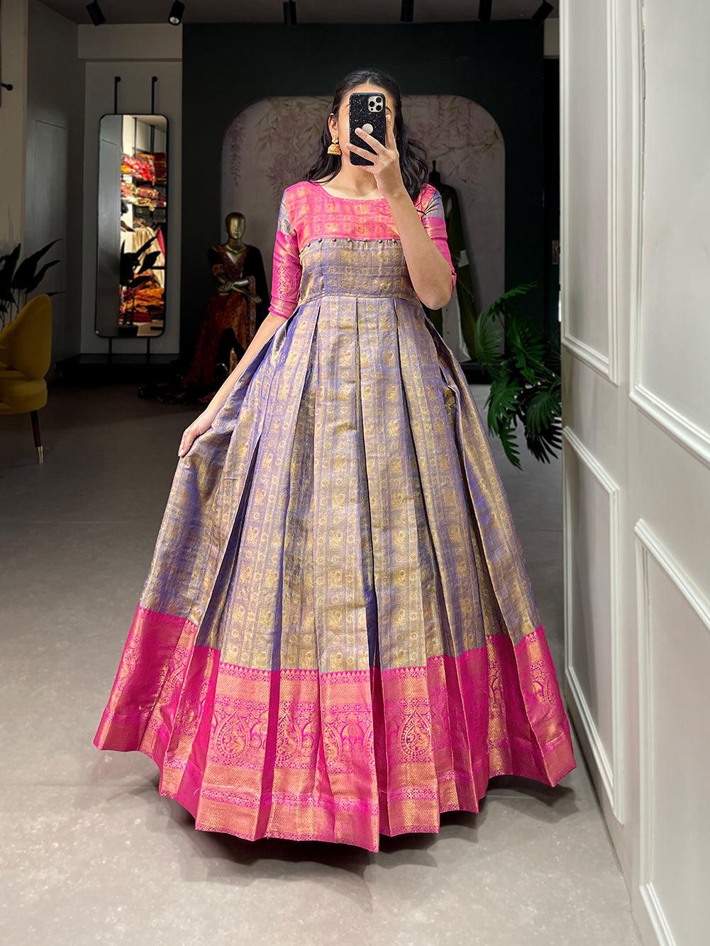 Lorenvalley Blue Kanjivaram Zari Weaving Work Gown | Grocsy