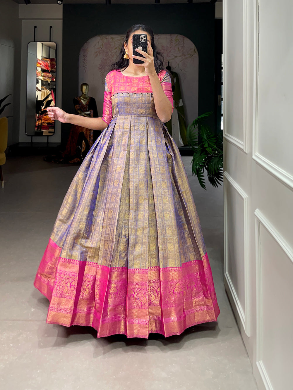 Lorenvalley Blue Kanjivaram Zari Weaving Work Gown | Grocsy