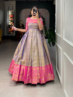 Lorenvalley Blue Kanjivaram Zari Weaving Work Gown | Grocsy