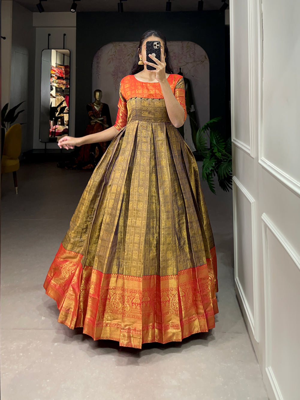 Lorenvalley Mustard Kanjivaram Zari Weaving Work Gown | Grocsy
