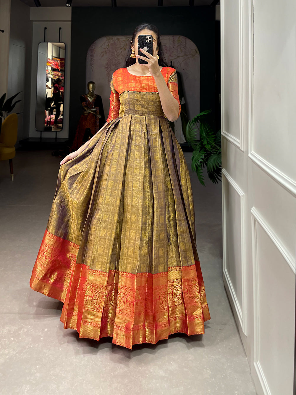 Lorenvalley Mustard Kanjivaram Zari Weaving Work Gown | Grocsy