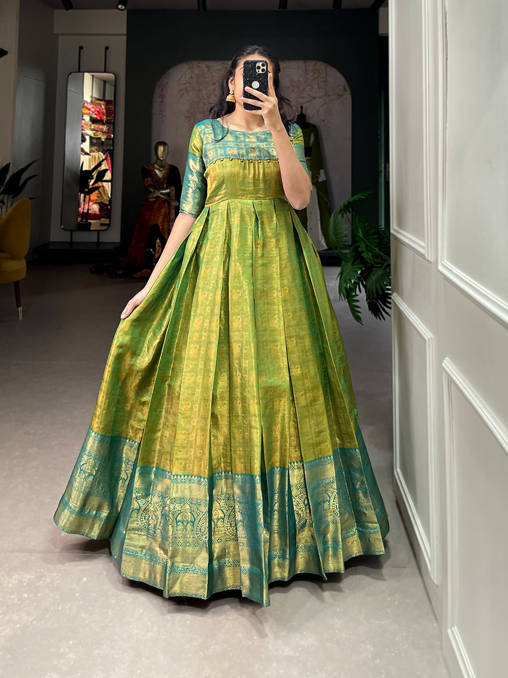 Lorenvalley Parotgreen Kanjivaram Zari Weaving Work Gown | Grocsy