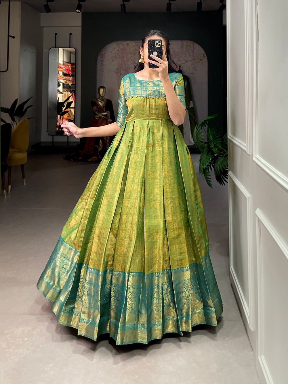 Lorenvalley Parotgreen Kanjivaram Zari Weaving Work Gown | Grocsy