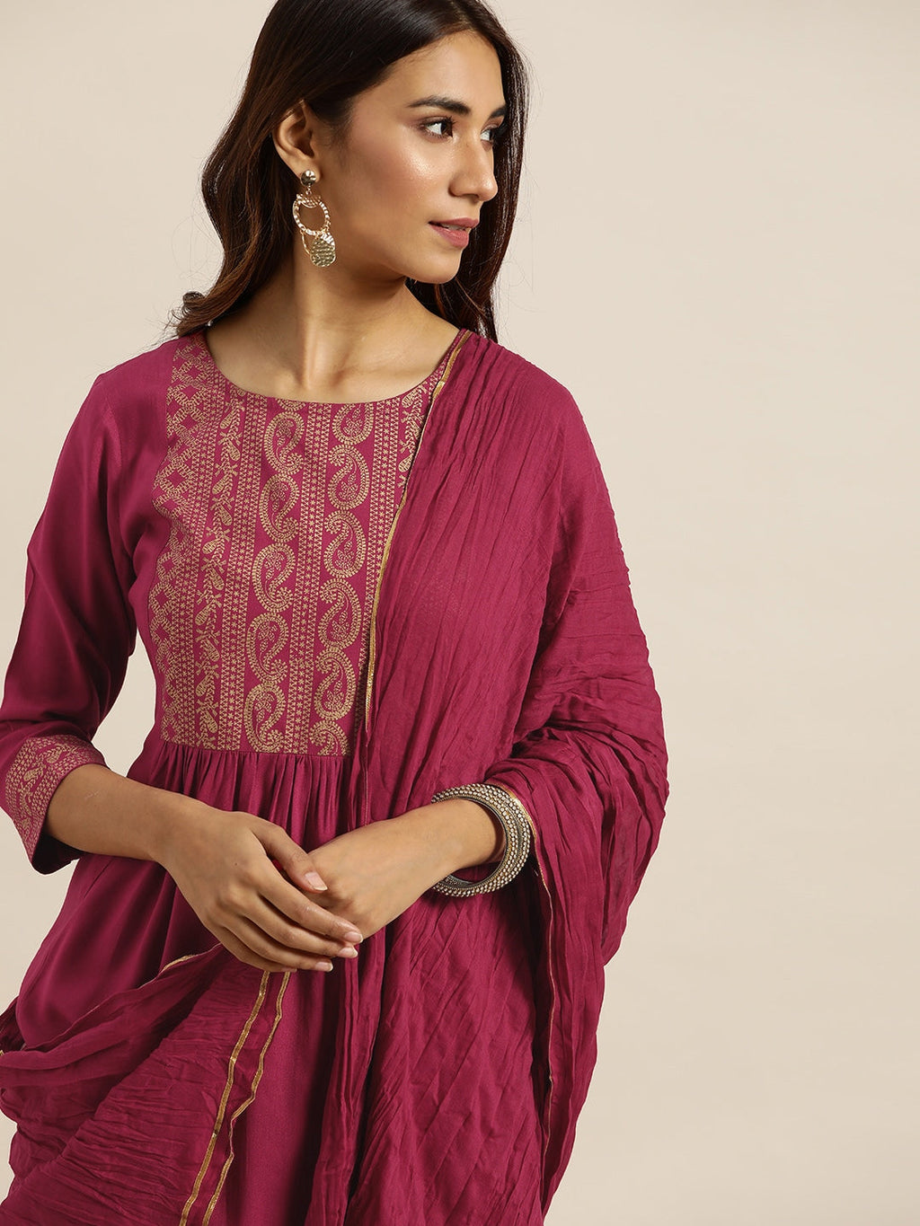 Sangria Women Magenta & Golden Printed Kurta with Palazzos & Dupatta | Grocsy