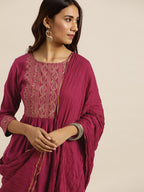 Sangria Women Magenta & Golden Printed Kurta with Palazzos & Dupatta | Grocsy