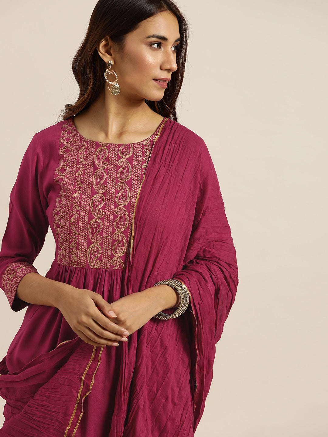 Sangria Women Magenta & Golden Printed Kurta with Palazzos & Dupatta | Grocsy