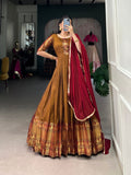 Lorenvalley Fashion Mustard Narayan pet (cotton) Zari weaving work Gown with Dupatta | Grocsy