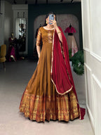 Lorenvalley Fashion Mustard Narayan pet (cotton) Zari weaving work Gown with Dupatta | Grocsy